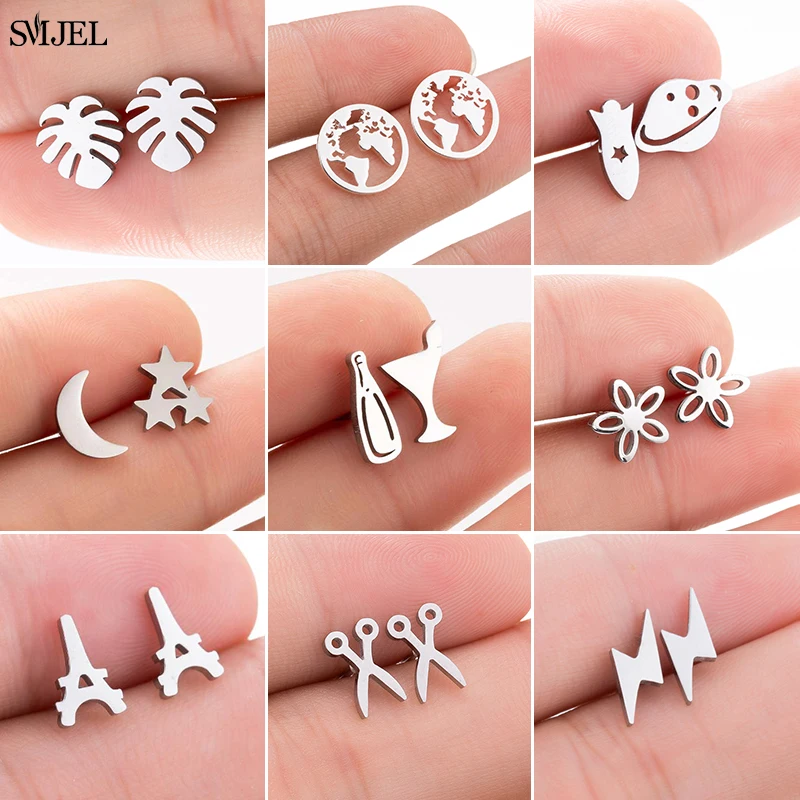 Multiple Black Stainless Steel Stud Earrings for Women Men Fashion Spacecraft Scissors Eiffel Star Moon Earings Piercing Jewelry