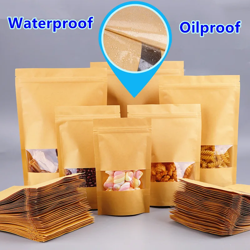 Kraft Paper High Clear Window Zip-Lock Bags Stand Up Food Dried Fruits Tea Beaf Coffee Heat Sealing Packaging Storage Pouches