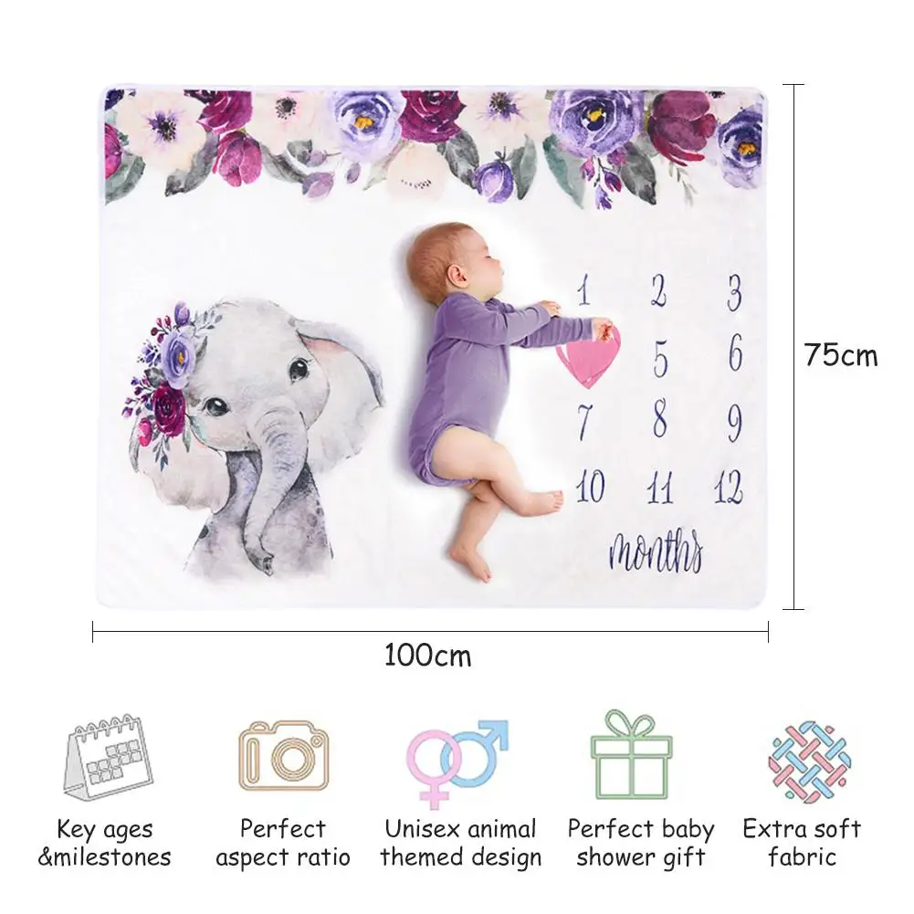 Baby Milestone Blanket Super Soft Elephant Printing Flannel Blanket Baby Photography Props