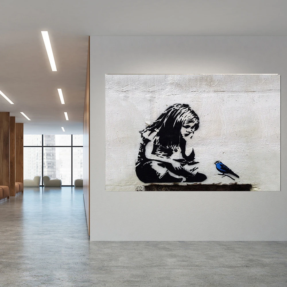 Nordic Character Canvas Painting Girl and Blue Bird Mural Banksy Art Poster Living Room Bedroom Bar Home Decor Frameless Picture