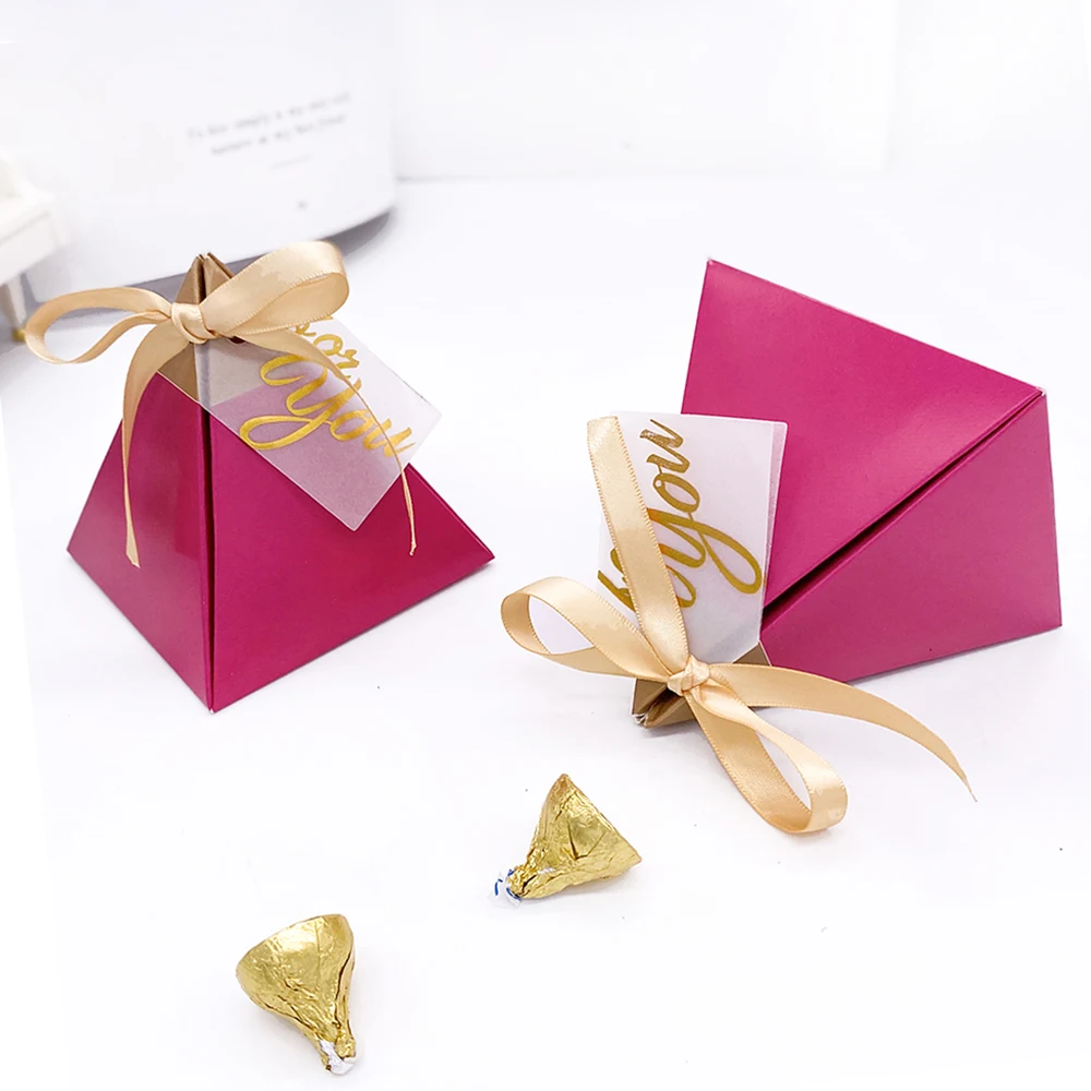 10Pcs Rose Red Triangular Pyramid Sweet Candy Box Paper Gift Boxes Chocolate Bags Gift Packing Box Wedding Favors Decoration