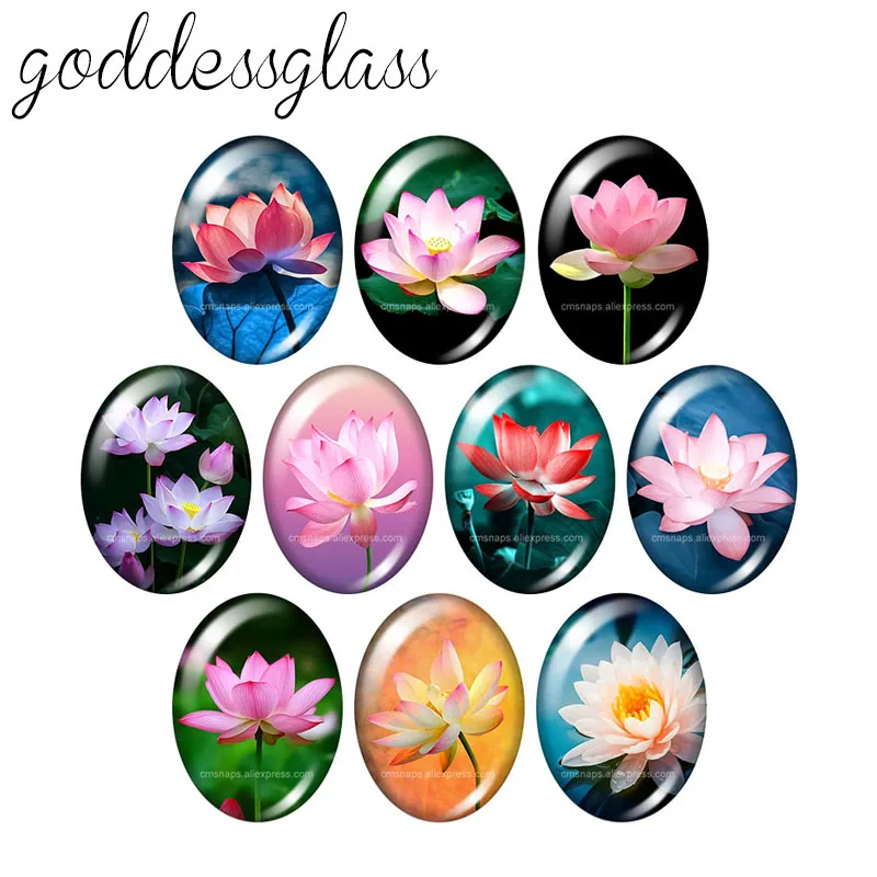 Flowers lavender daisy Dandelion Lotus 10pcs 13x18mm/18x25mm/30x40mm Oval photo glass cabochon demo flat back Making findings