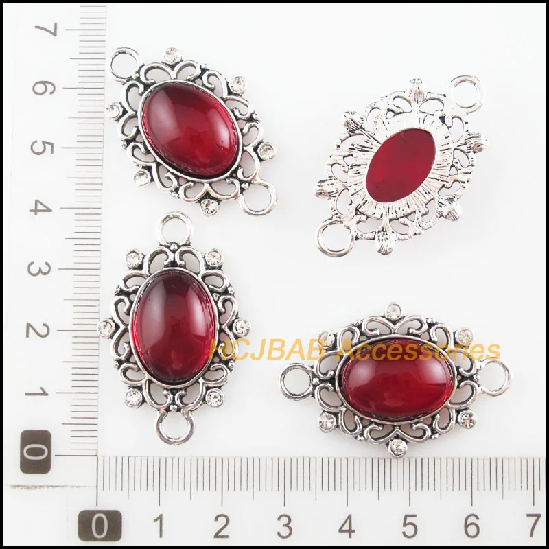 5Pcs Tibetan Silver Tone Flower Oval Red Glaze Charms Connectors 25x38mm