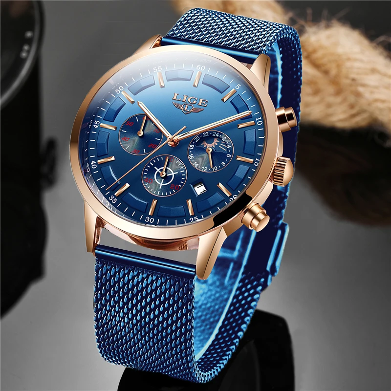 LIGE Top Brand Luxury New Fashion Simple Watch for Men Blue Dial Watch Mesh Belt Sport Waterproof Watches Moon Phase Wrist Watch