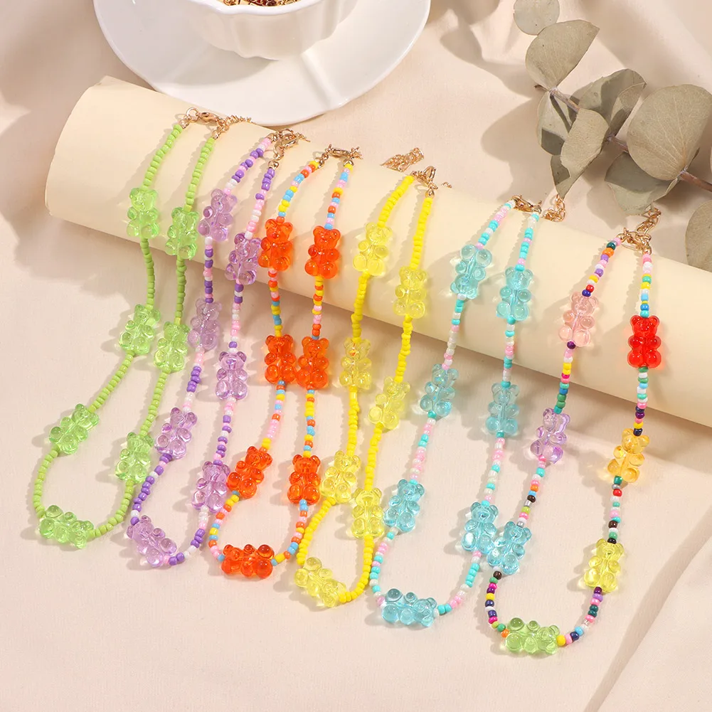 Transparent Candy Color Gummy Bear Rainbow Beaded Necklace For Women Fashion Handmade  Seed Beads Choker Necklaces Y2k Jewelry