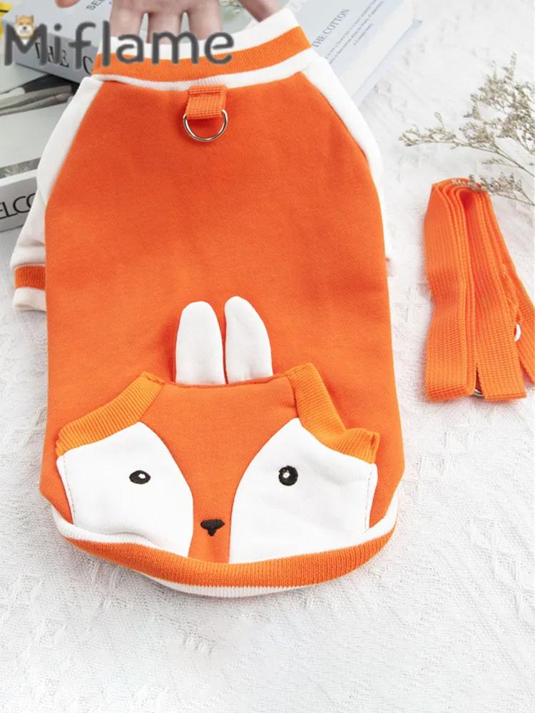 Miflame Fox Printed Dogs Clothes With Leash Cute Pets Cats Outfits Chihuahua Schnauzer Small Dogs Hoodies Cotton Puppy Clothing