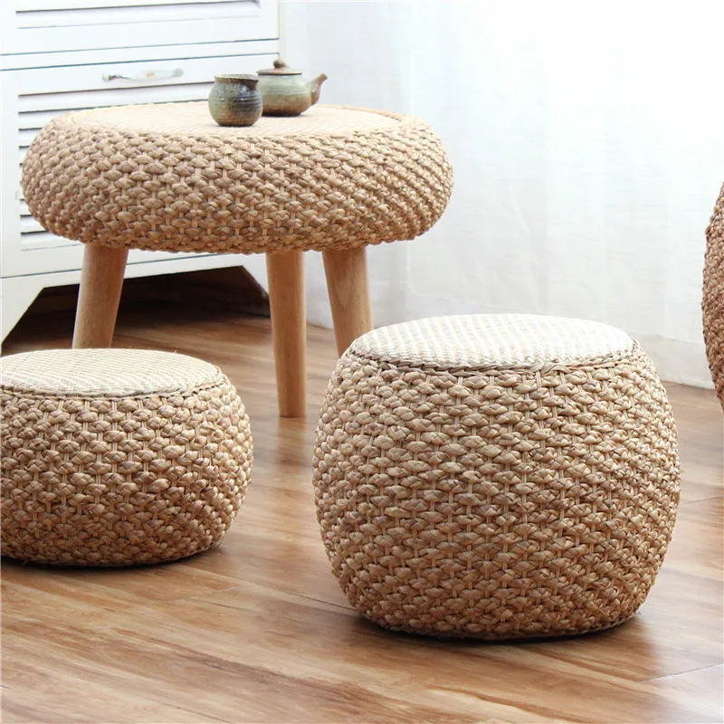 Furniture Rattan Small Stool Round Solid Wood Tea Table Stool Drum Type Sitting Pier Retro Sofa Stool Living Room Small Stool