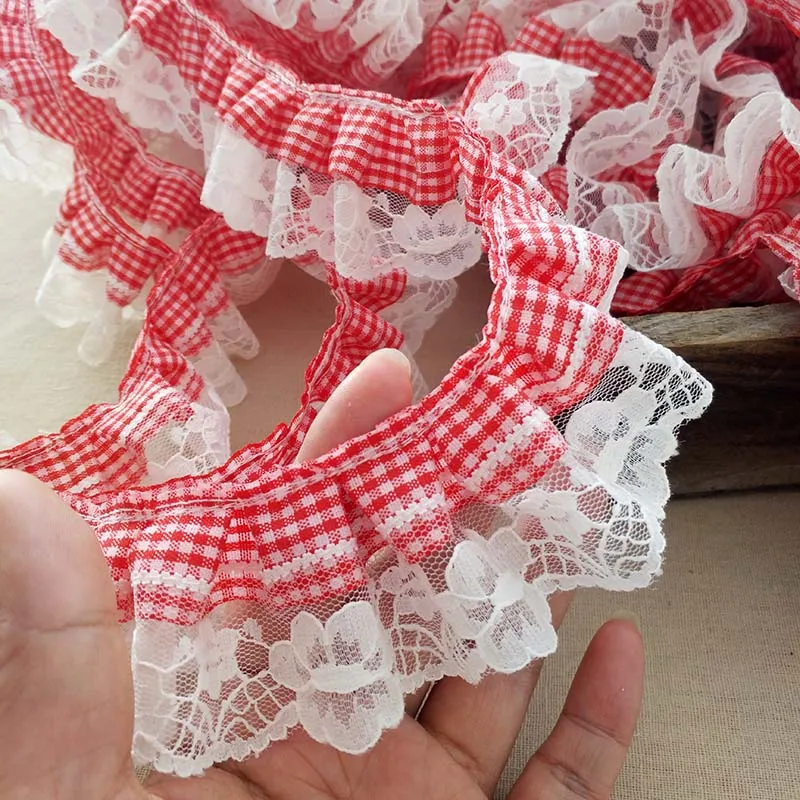 

20 метров, красно-белая плиссированная сетка с кружевной отделкой, тюлевая ткань с рюшами, танцевальное платье, юбка, аксессуары, головные уборы, материалы для украшения 5 см