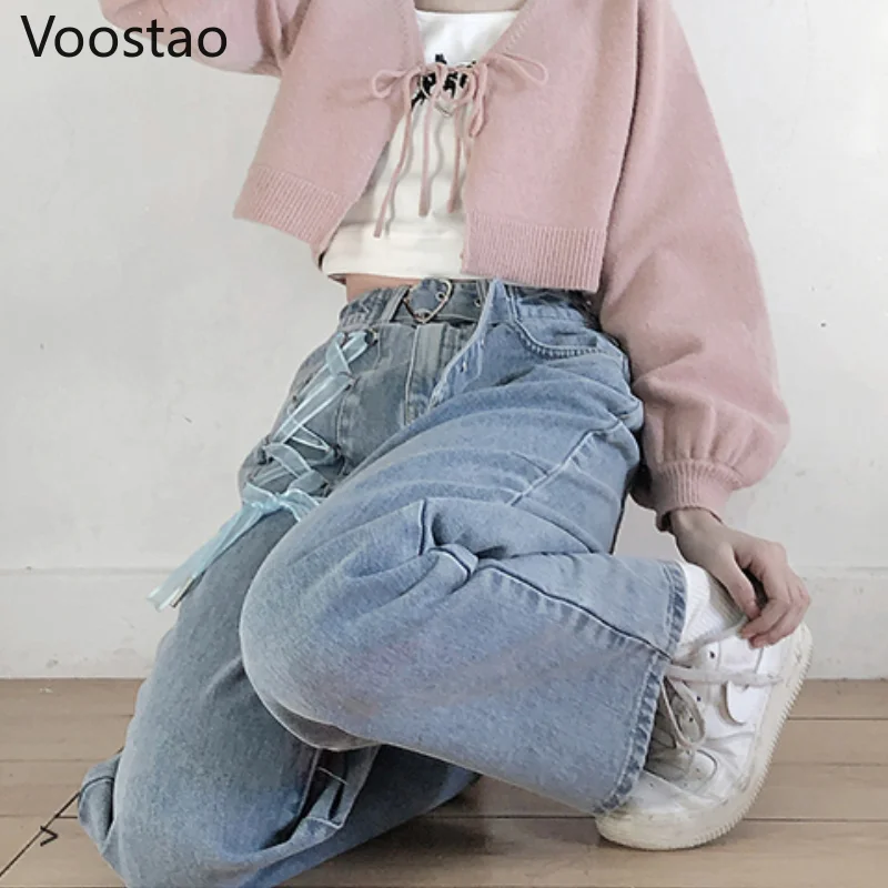 Sweet High Waist Jeans Women Chic Bandage Straight Denim Pants Gothic Streetwear Loose Trousers Female Wide Leg Jeans With Belt