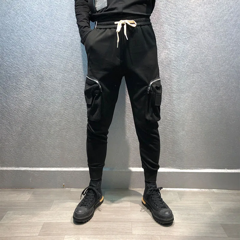 Autumn original trendy brand side big pocket zipper stitching micro-span beam pants dark personality street overalls