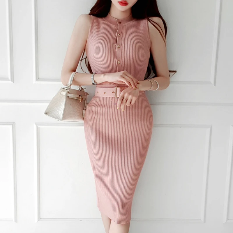 

new arrival fashion bodycon dress women elegant summer bouncy knitting temperament office lady simple sashes pencil dress