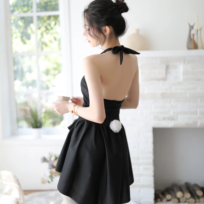 Black sexy halter strapless backless maid outfit cosplay maid student uniform sleepwear nightdress suit