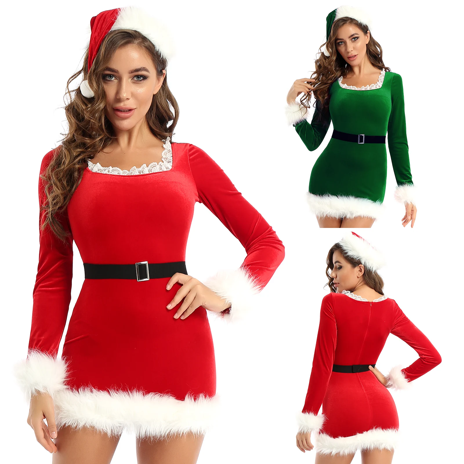 Womens Adult Flannel Christmas Party Santa Claus Xmas Fancy Costumes Clubwear Lace Faux Fur Trim Bodycon Dress with Belt Hat