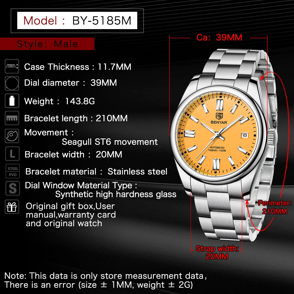 2021 BENYAR Sports Men Mechanical Wristwatches Stainless Steel Automatic Watches Top Brand Luxury 10Bar Waterproof Watch for Men