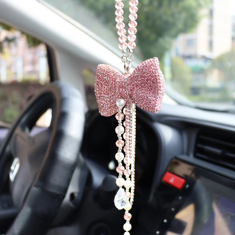 Creative Diamond Bowknot Car Pendant Cute Crystal Tassels Chain Rearview Mirror Ornament Pearl Rhinestone Car Accessories Women