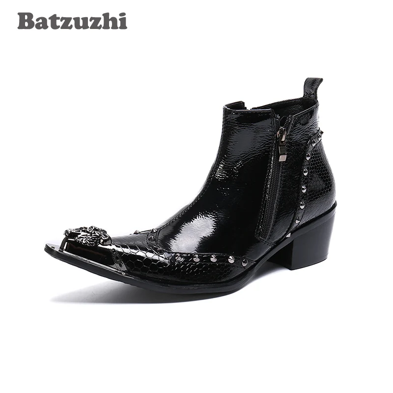 Batzuzhi Fashion Men's Boots Metal Pointed Tip Black Genuine Leather Ankle Boots Zip Business Dress Boot Party, Size 38-47