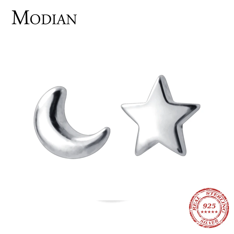 Modian Fashion Minimalist Star Moon Asymmetry 100% 925 Sterling Silver Anti-Allergy Stud Earring for Women Fine Jewelry Brincos image 5