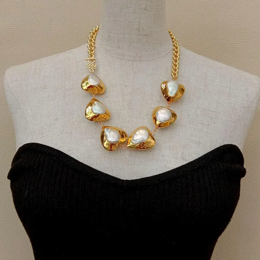 

YYGEM 22" gold plated chain natural Cultured White Heart-Shaped Freshwater Pearl choker Necklace