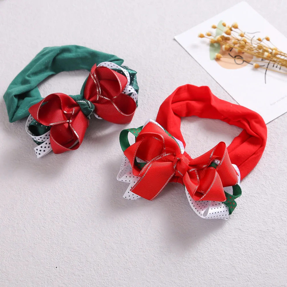 Nylon Girls Headband Christmas Dot Hair Accessories for Kid Red Green White Hair Bows Children Printed Headwraps Photo Props