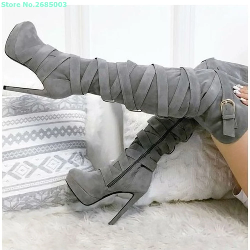 

Suede Stiletto Heels Buckle Boots Round Toe Platfrom Over The Knee Side Zipper Women Autume Winter Party Dress Boots Shoes