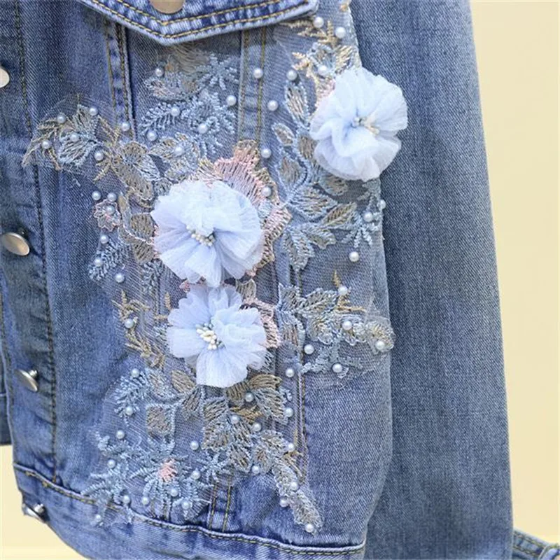 2024 Autumn Women Denim Jacket Embroidery Three-dimensional Floral Jeans Jacket Beading Pearl Ripped Hole Bomber Outerwear P778