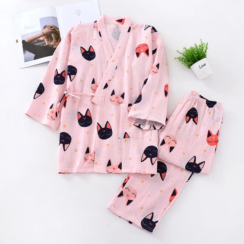 Cute Print Cartoon 2PCS Cotton Kimono Nightgown Sexy Lady Pajamas Suit Home Clothes Sleepwear Homewear Summer Lingerie Bathrobe