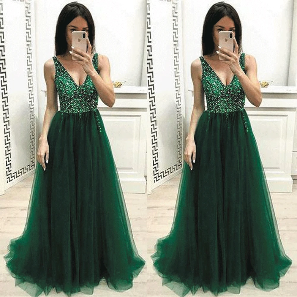 SuperKimJo Tulle A-Line Prom Dresses 2021 V Neck Beaded Green Elegant Prom Gown 2022 Abendkleider Vestidos De Fiesta