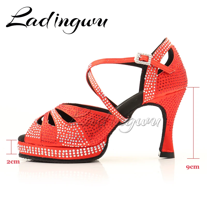 Dance Shoes Latin Women\'s shoes High Platform Glitter Rhinestone And Women Satin Ballroom Dance Sandals Red Satin 6-10cm Heel