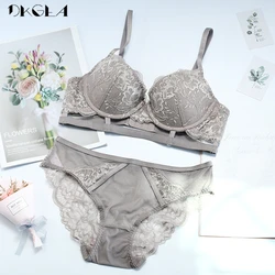 New Brown Brassiere Deep V Push-Up Bra Set Sexy Hollow Women Lingerie Set Embroidery Underwear Cotton Thick Brand Bras C D Cup