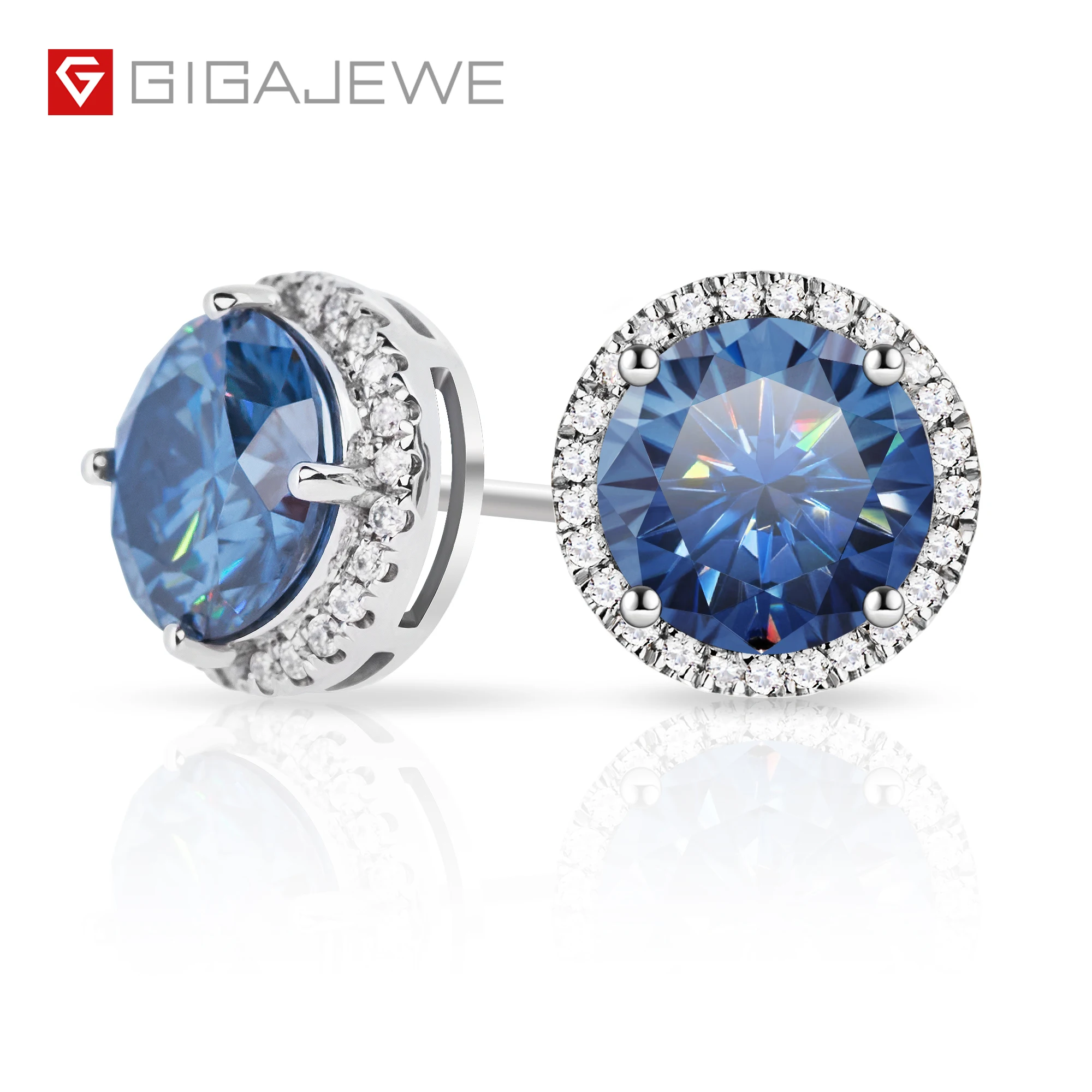 GIGAJEWE 1.0ctX2pcs 6.5mm Moissanite Bule Color VVS1 Round Cut Customized 18K Gold Circle Stud Earrings Jewelry Woman Girl Gift