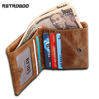 RETROGOO Vintage Men Short Wallet Male Purse Genuine Leather Zipper Coin Pocket Bag Card Holder Money Bag RFID Blocking Carteira