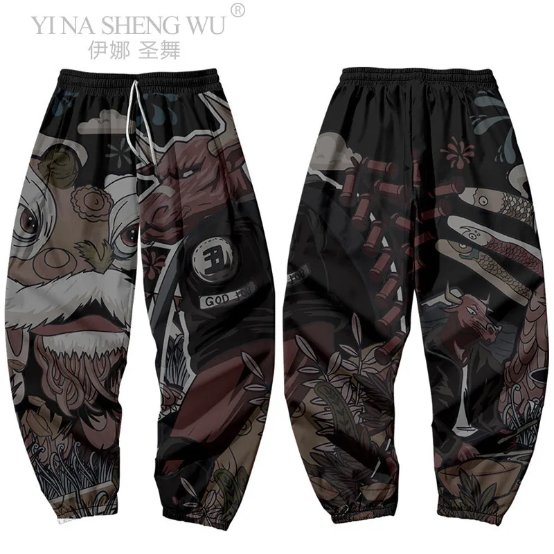 Japanese Men Samurai Costume Ancient totem Print Fashion Harem Pants Haori Baggy Trousers Harajuku Hip Hop Jogger Beach Pants