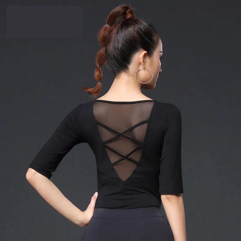 Latin Dance Tops Female Adult Ballroom Dancing Clothes Long Sleeves Mesh Back Women Latin Dance Practice Wear Latin Shirt