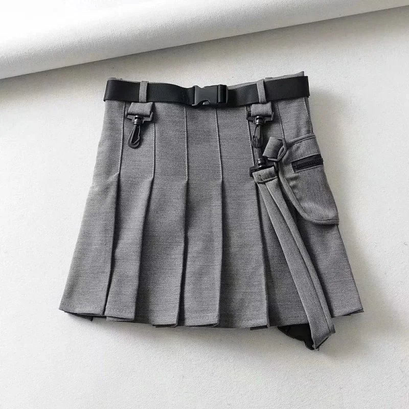 Preppy Summer Style High Waist Sashes Womens Pleated Skirts Solid Plaid Pockets Slim Fit Fashion Female A-Line Shorts Skirts