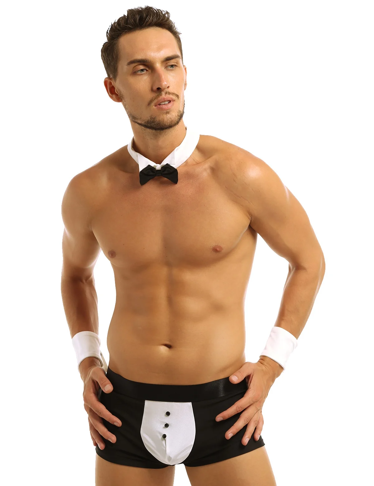 3Pcs Mens Waiter Tuxedo Lingerie Suit Gay Boxer Briefs Underwear with Bow Tie Collar And Bracelets Halloween Role Play Costume