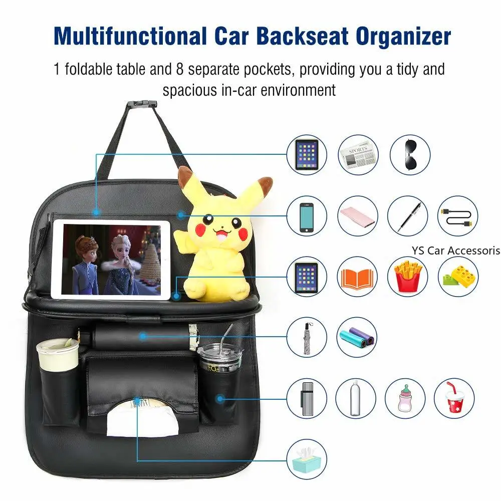 1* Car Seat Back Organizer PU Leather Kick Mat Storage Bag Foldable Car Seatback Table for Tablet Tissue Bottle Car Trip for Kid