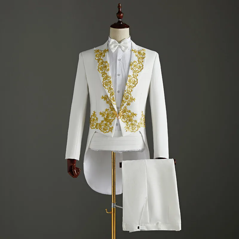 Magician Chorus Stage Suits (Jacket+Pants) 2 Piece Wedding Suit White Embroidery Tailcoat Set Singer Host Swallowtail Costumes