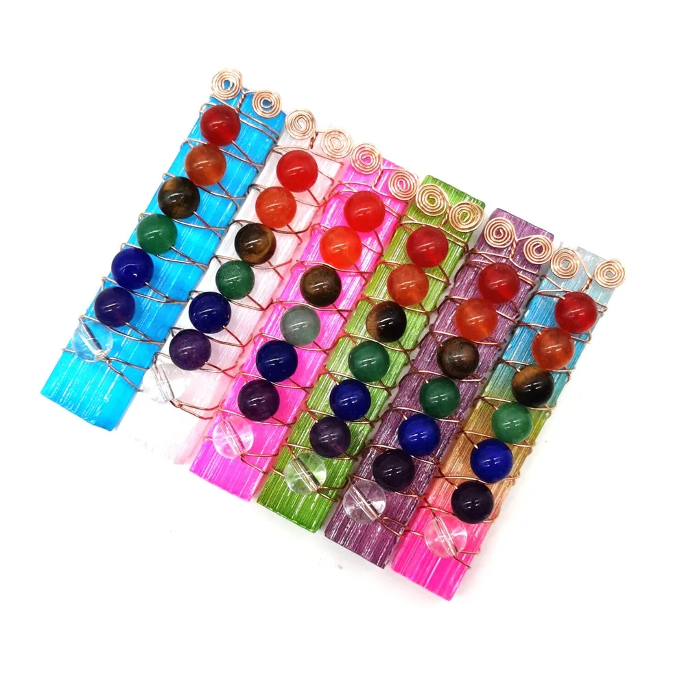 Fashion Natural Crystal Bead Copper Wire Wrap 7 Chakra Mineral Ornaments Rectangular Gypsum Stone Handmade Jewelry Decoration