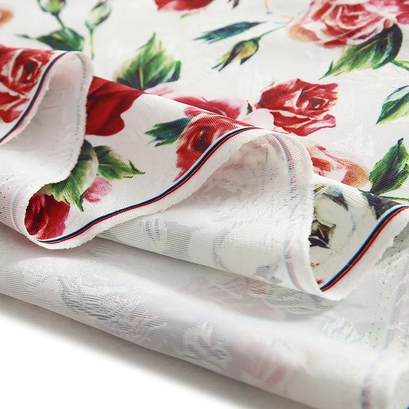 145cm Width Fashion Peony Rose Flower Printed Thin Jacquard Fabric For Woman Dress Coat Tissu Tela Хлопок материал DIY Cloth