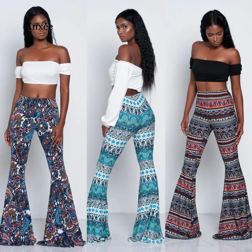 Summer Women Printed Beach Boho Long Pants Retro Loose Flare Pants Casual Bohemian Elastic Slim Trousers