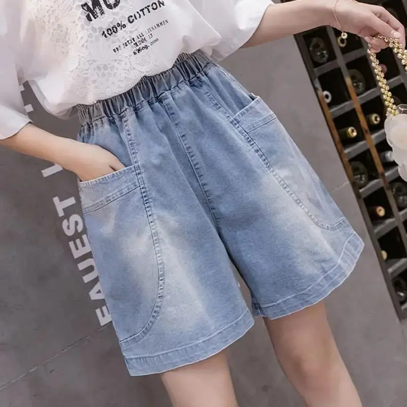 

Light Blue Jeans For Womens Summer New Popular Short Jeans Elastic Waist Thin Denim Ladies A line Wide leg Cropped Pants