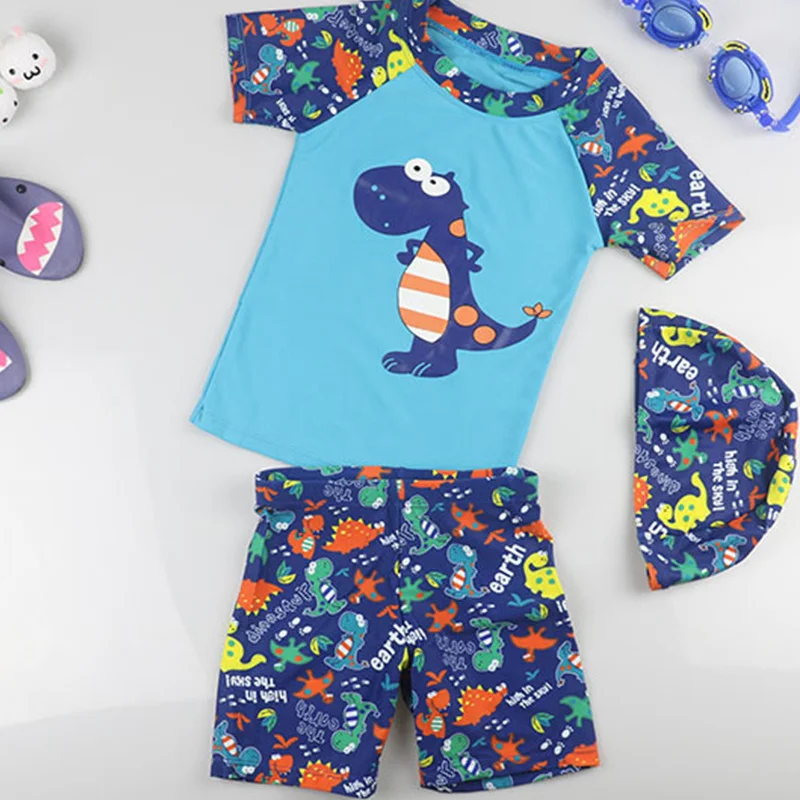 

Детский купальник 2021, синий купальник с динозавром из 3 предметов, детская плавательная шапка для мальчиков, купальник с коротким рукавом, милый купальник, пляжная одежда