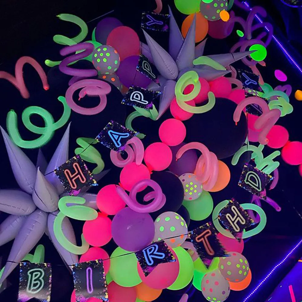 100pcs Neon Glow Long Balloons UV Reactive Fluorescent Balloons Magic Balloons 80s 90s Birthday Black Light Party Decorations