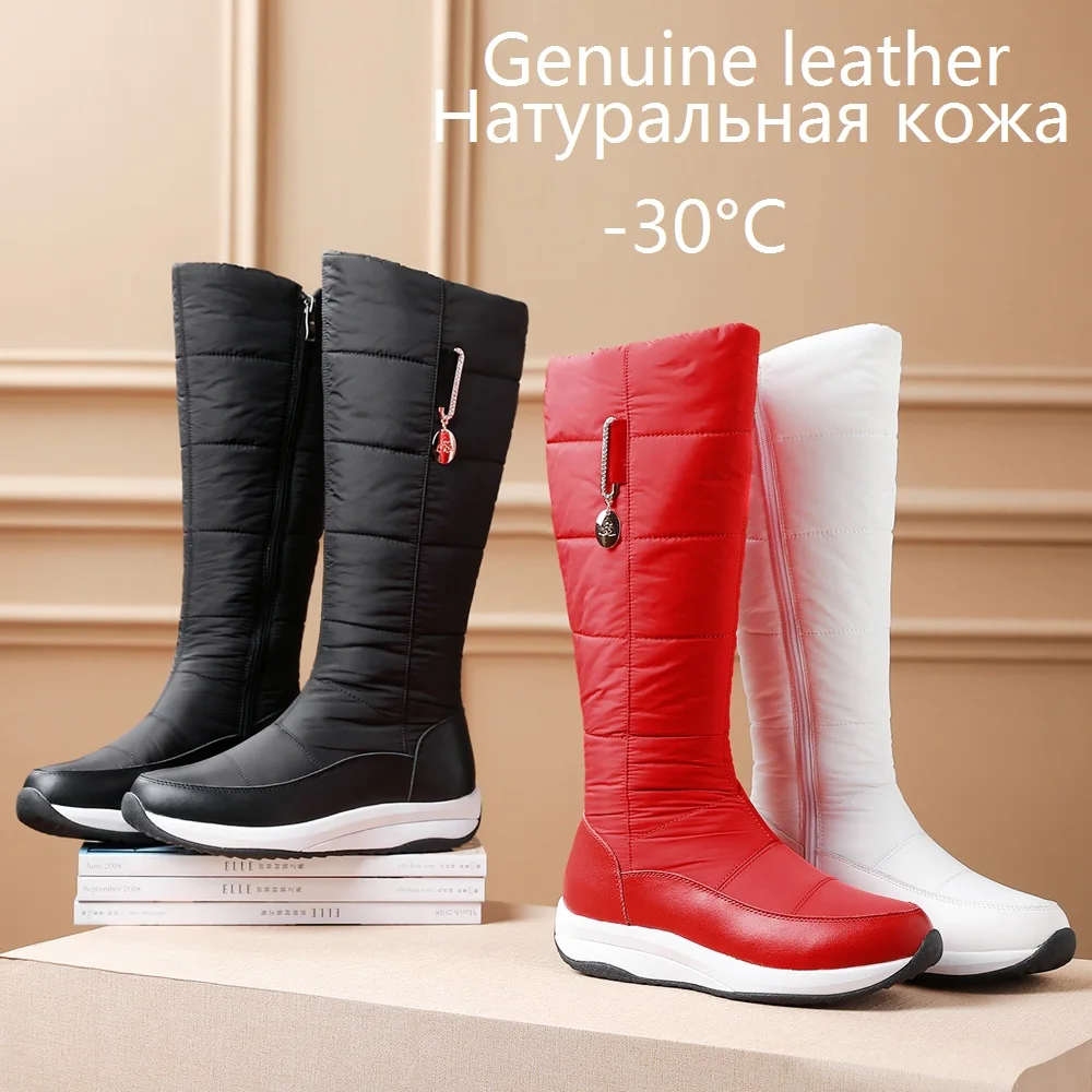 New Fashion Women Knee High Boots Waterproof Leather Thigh Snow Boots Girls Winter Fluffy Zipper Platform Shoes Black White Red