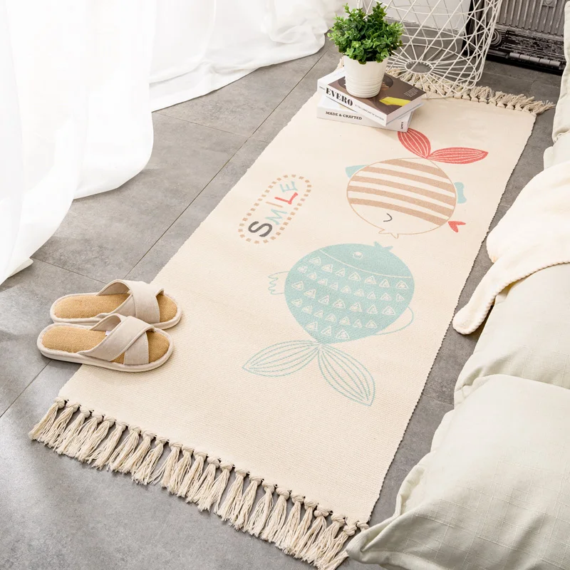 Nordic Fashion Cotton Linen Carpet Woven Long Rugs Bedroom Bedside Door Mat Bohemia Ethnic Tassel Carpet Living Room Big Rugs