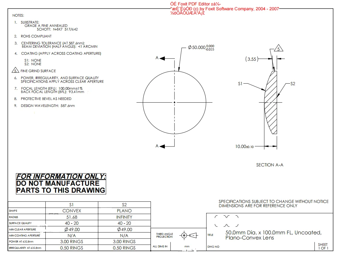 N-BK7 Optische Plano Bolle Lens Diameter 50Mm Center Thickness10mm Rand Dikte 3.55Mm Radius51.68mm