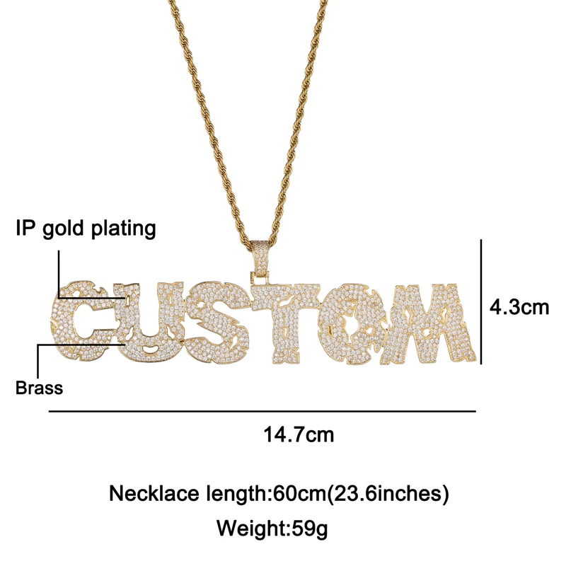 Hip Hop Customized Name Cursive Letters Cubic Zirconia Iced Out Chain Pendants & Necklaces For Men Women Jewelry With Solid Back