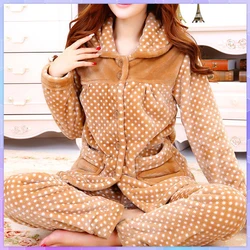 dot print Warm Pajamas Women Winter Flannel Pajama Sets For Female set Thick Korean Style Lovely Cartoon 2 Piece Tops+Pants