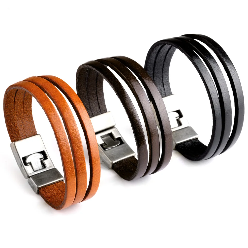 Classic Style Three Layer Genuine Leather Bracelets For Men Women Toggle-Clasp Cuff Vintage Bracelets On Hand Male Jewelry Gift