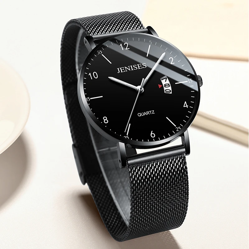 JENISES Fashion Ultra-thin Mens Watches Simple Wristwatch Clock Stainless Steel Mesh Belt Quartz Men Watch Calendar Wristwatch